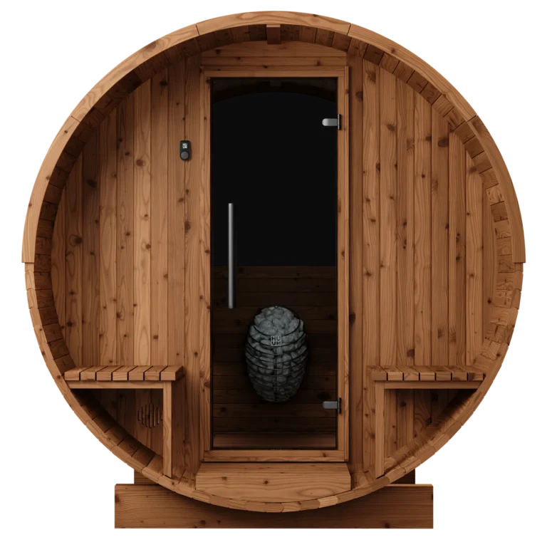 Front view of natural barrel sauna