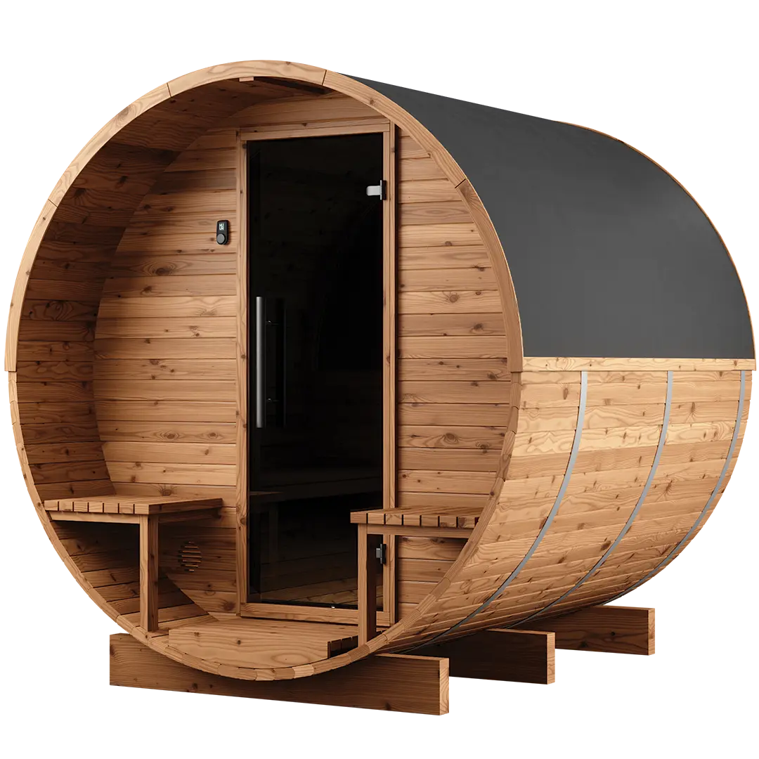 Natural barrel sauna front angle