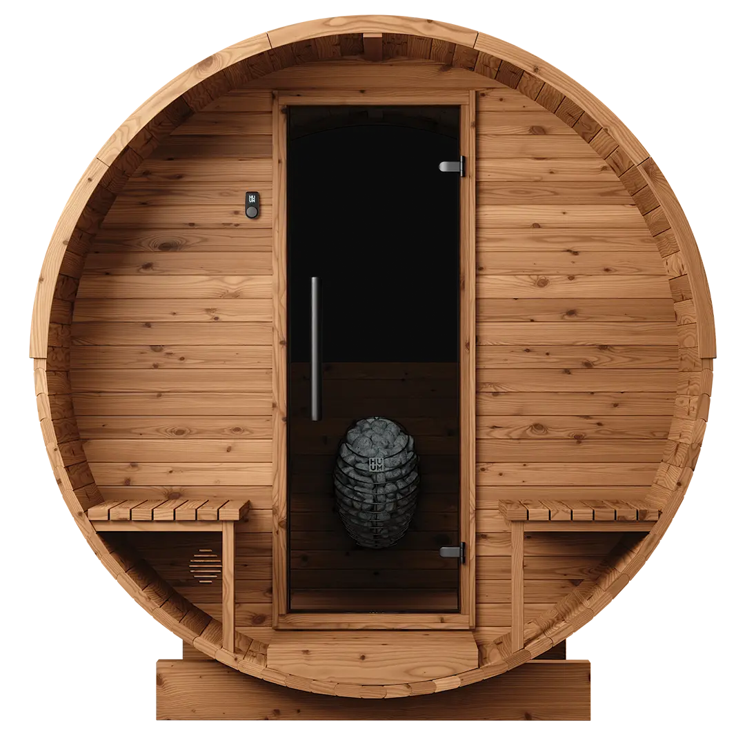 Natural barrel sauna front angle