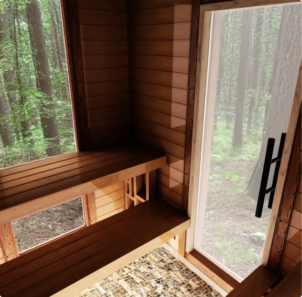 The inside of a Mod Pod Sauna showing the two-tiered Athletic bench while it is fully open and the inside of the glass door.