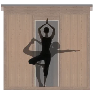 A square icon of a faded Traditional Mod Pod Sauna with two layered, black silhouettes doing standing yoga poses.