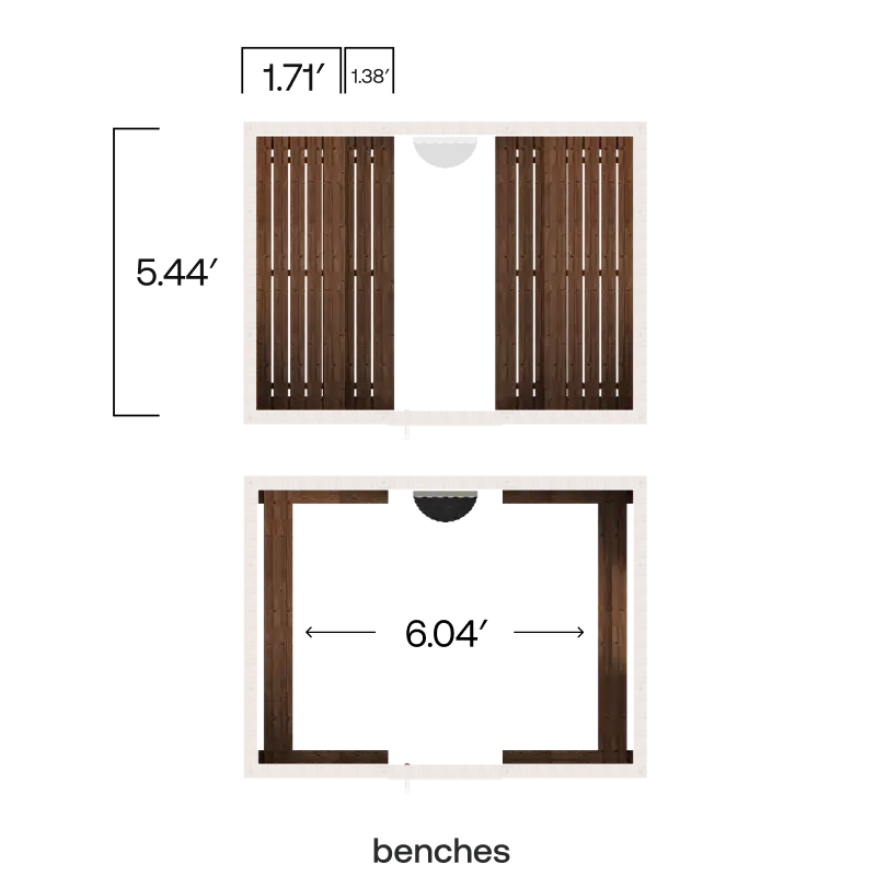 Rendering shows the Athletic bench when fully deployed measuring total length of 5.44 feet with the top bench 1.71 feet wide and the bottom bench 1.38 feet wide. Rendering also shows the Athletic bench when folded up, allowing 6.04 feet of open floor space.
