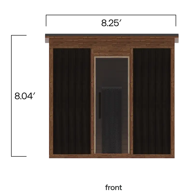 Rendering showing the front of the Modern Mod Pod Sauna with Athletic bench. The height with roof is 8.04 feet and the total length is 8.24 feet.