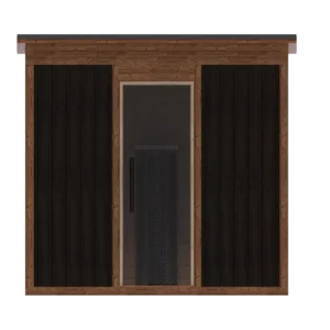 Front view of a rectangular sauna with mono-pitch roof has vertical, black, Ignite cladding framed by Clear Pine posts. The glass door has a minimalist black handle.