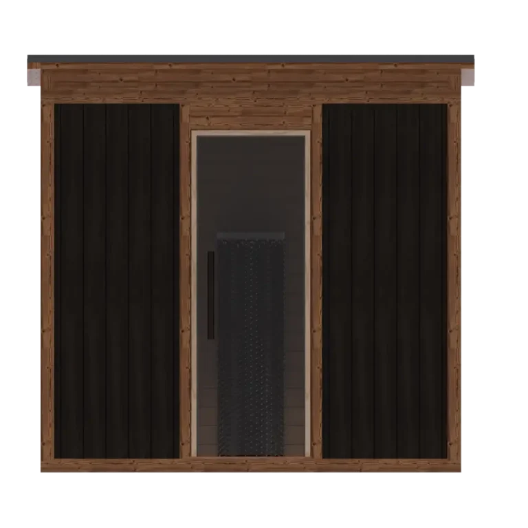 Front view of a rectangular sauna with mono-pitch roof has vertical, black, Ignite cladding framed by Clear Pine posts. The glass door has a minimalist black handle.