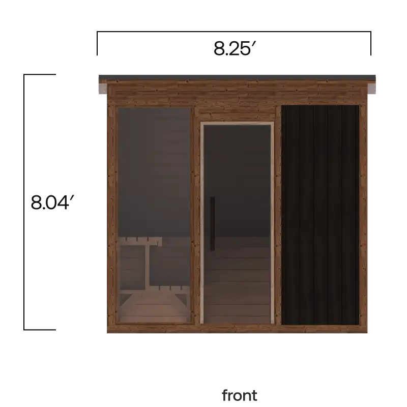 Rendering showing the front of the Modern Mod Pod Sauna with Social bench. The height with roof is 8.04 feet and the total length is 8.24 feet.