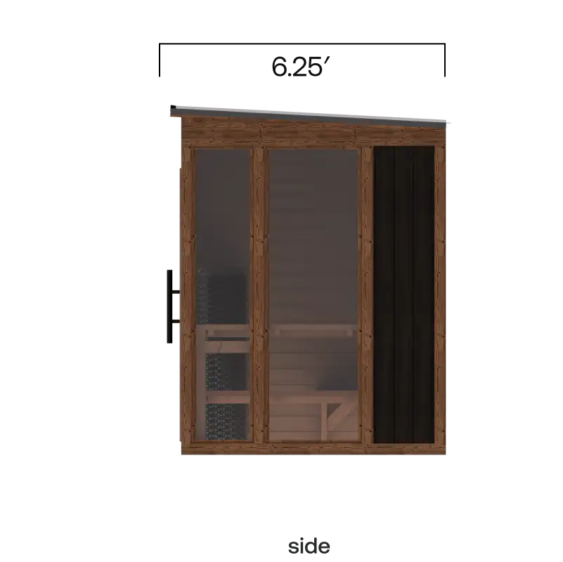 Rendering showing the side of the Modern Mod Pod Sauna with Social bench. The total width is 6.25 feet and one full-height window is shown.