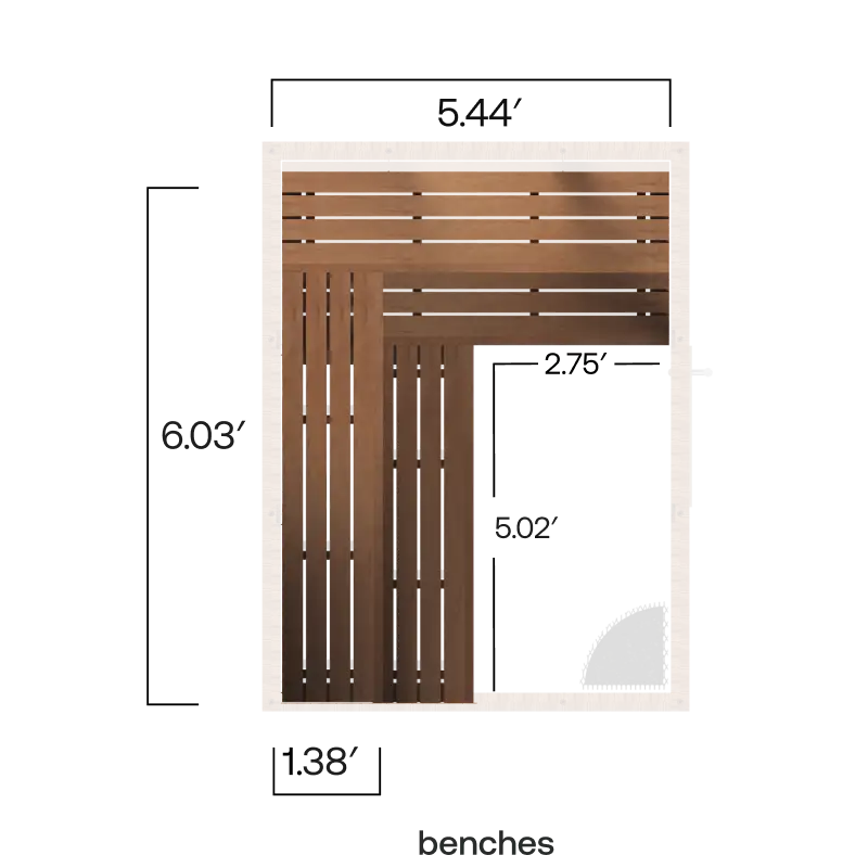 Rendering shows the Social bench. The length of the short benches are 5.44 feet, length of the long, top bench is 6.03 feet, length of the long, bottom bench is 5.02 feet and width of all benches is 1.38 feet.