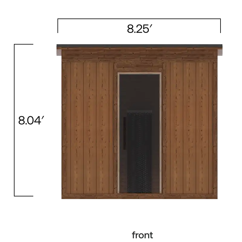 Rendering showing the front of the Traditional Mod Pod Sauna with Athletic bench. The height with roof is 8.04 feet and the total length is 8.24 feet.