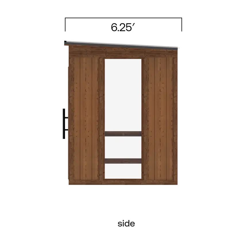 Rendering showing the side of the Traditional Mod Pod Sauna with Athletic bench. The total width is 6.25 feet and two full-height windows are implied by empty space.