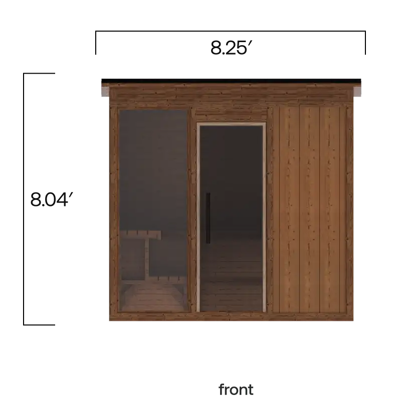 Rendering showing the front of the Traditional Mod Pod Sauna with Athletic bench. The height with roof is 8.04 feet and the total length is 8.24 feet.