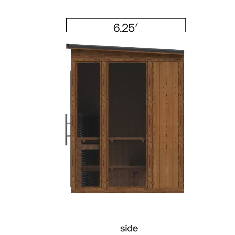 Rendering showing the side of the Traditional Mod Pod Sauna with Athletic bench. The total width is 6.25 feet and two full-height windows are implied by empty space.