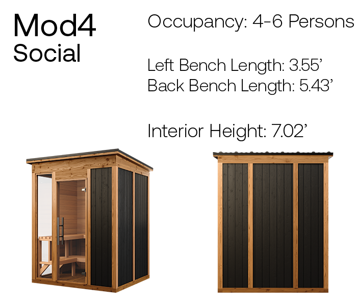 Mod4 social modern bench sauna product angles with measurements
