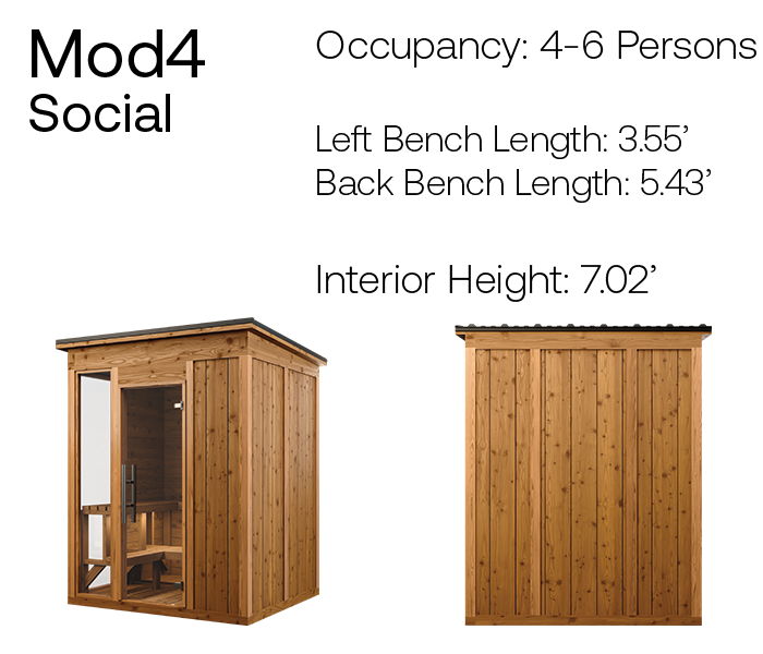 Mod4 traditional social bench sauna product angles with measurements