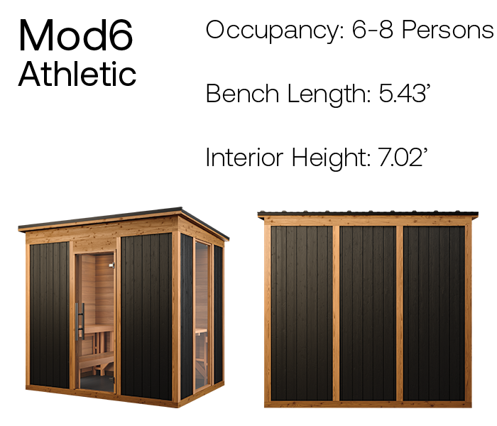 Mod6 modern athletic bench sauna product angles with measurements