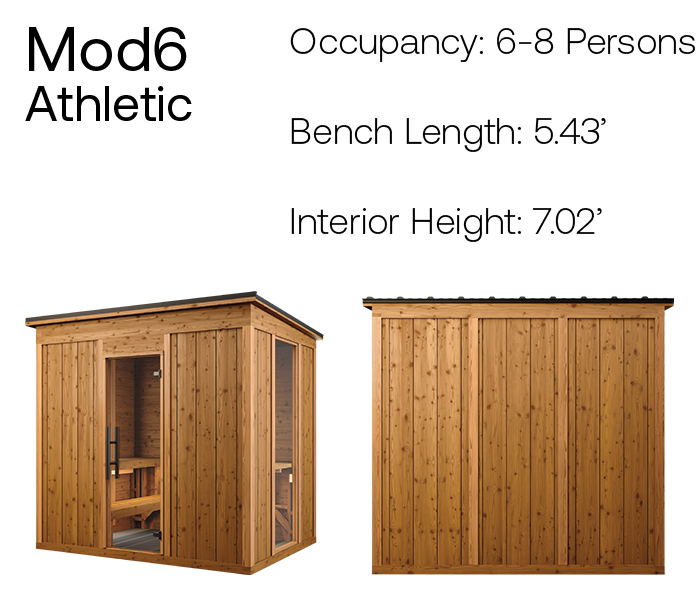 Mod6 traditional athletic bench sauna product angles with measurements