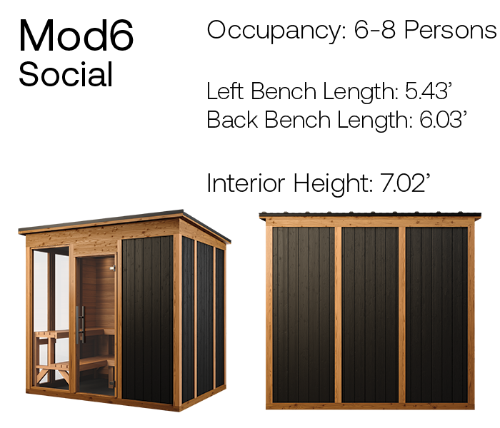 Mod6 social modern bench sauna product angles with measurements