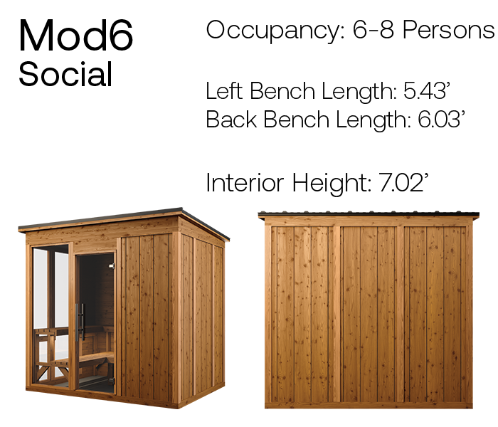 Mod6 social traditional bench sauna product angles with measurements