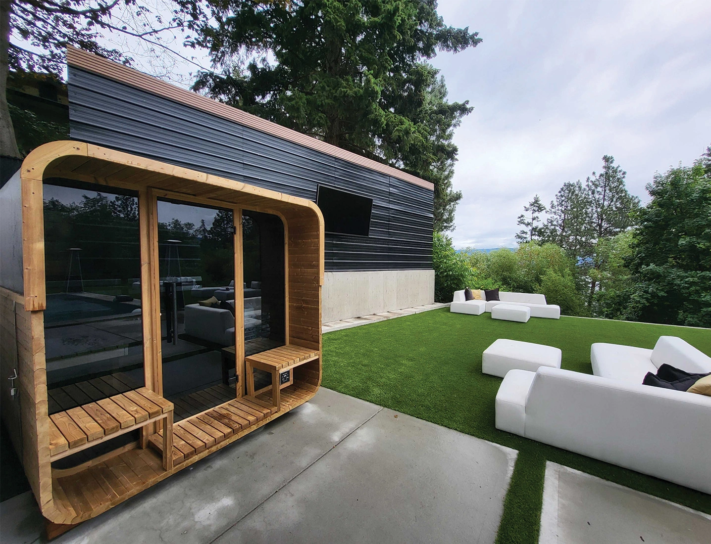 exterior patio view with square sauna