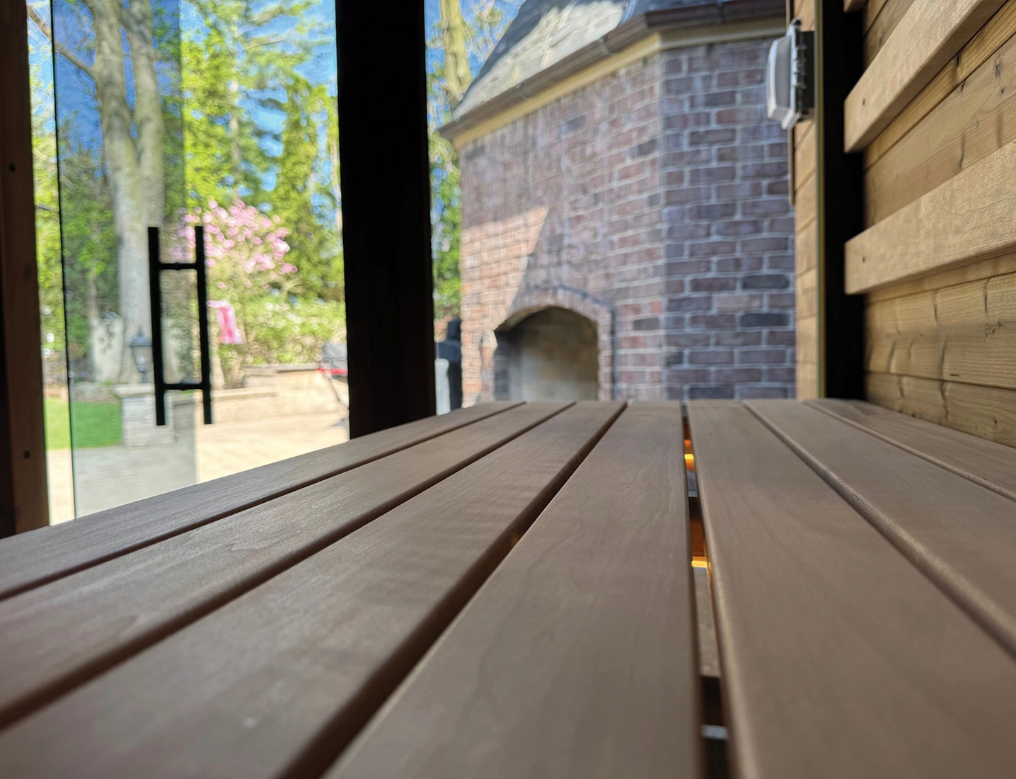 closeup of bench boards in square sauna