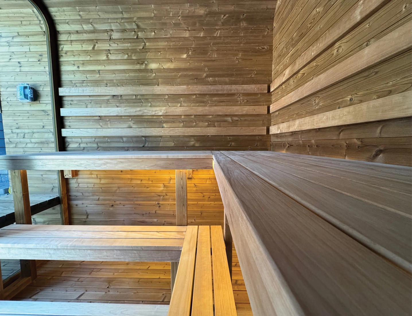 close up of benches in No41 square sauna