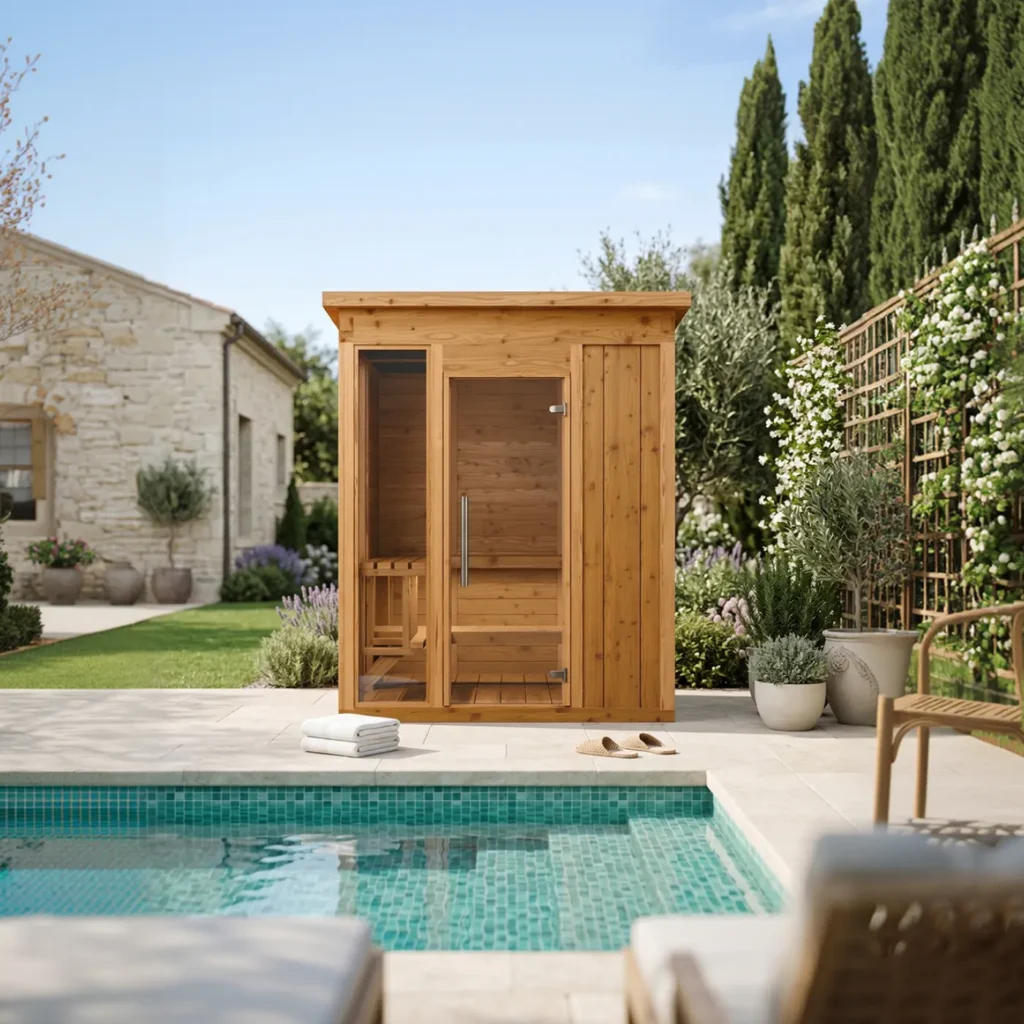 traditional mod4 social sauna on pool patio