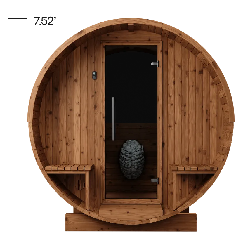 Front of barrel sauna with height of 7.52'