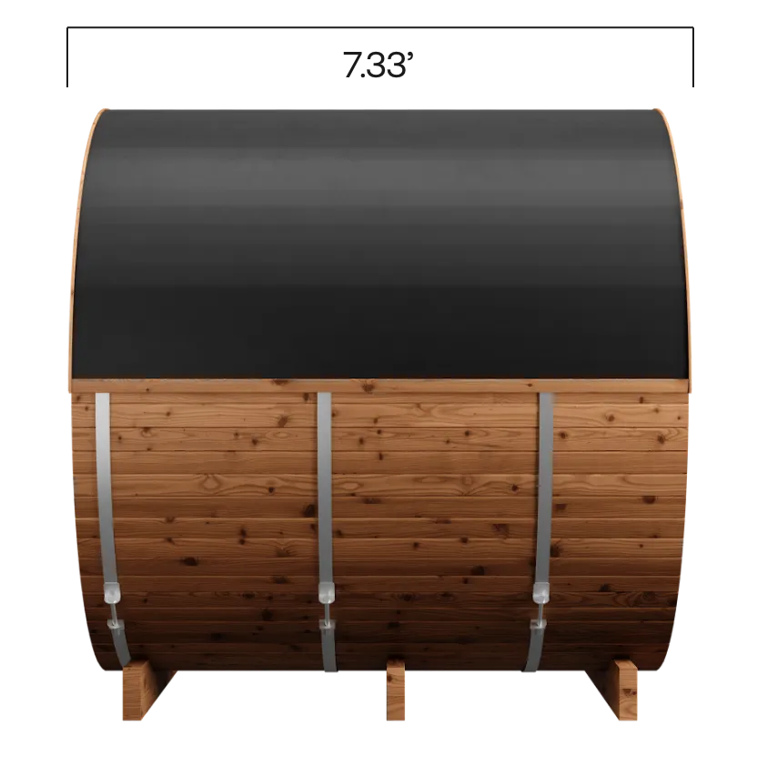 Barrel sauna from back with width of 7.33'