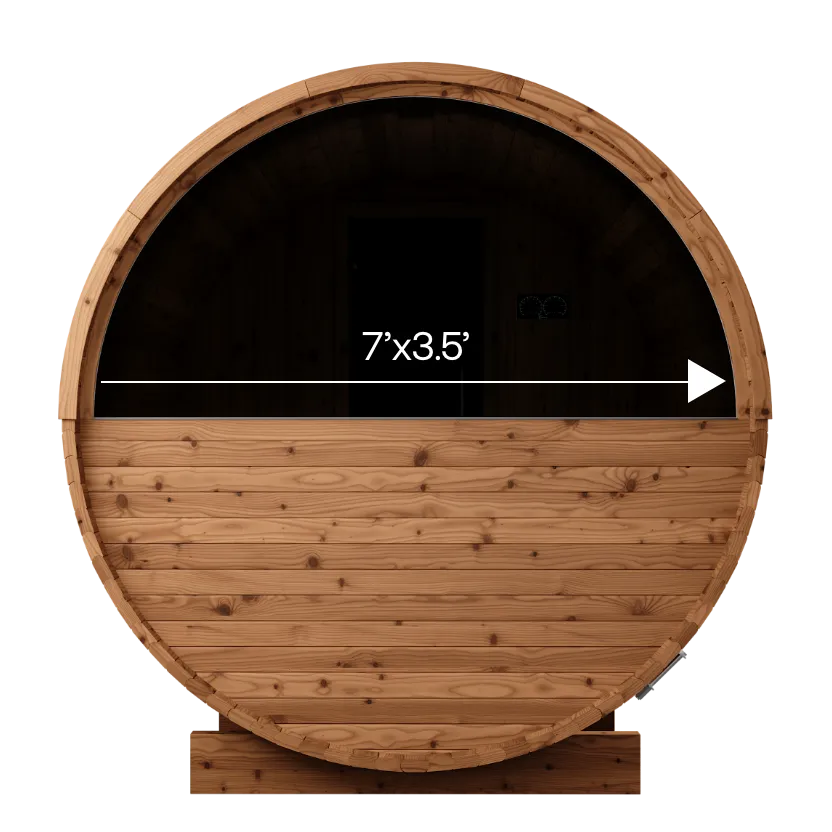 Barrel sauna from back with width of 7' x 3.5'