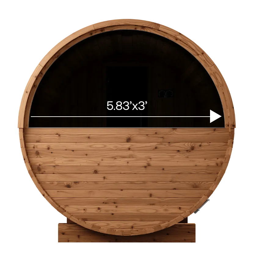 Barrel sauna from back with width of 5.83' x 3'