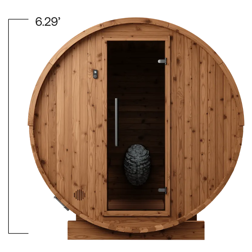 Front of barrel sauna with height of 6.29'