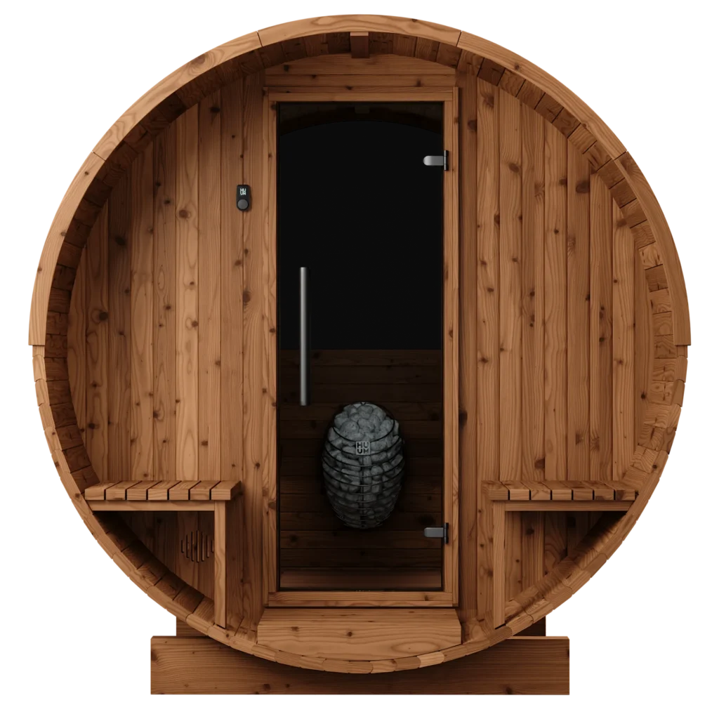 Front view of natural barrel sauna