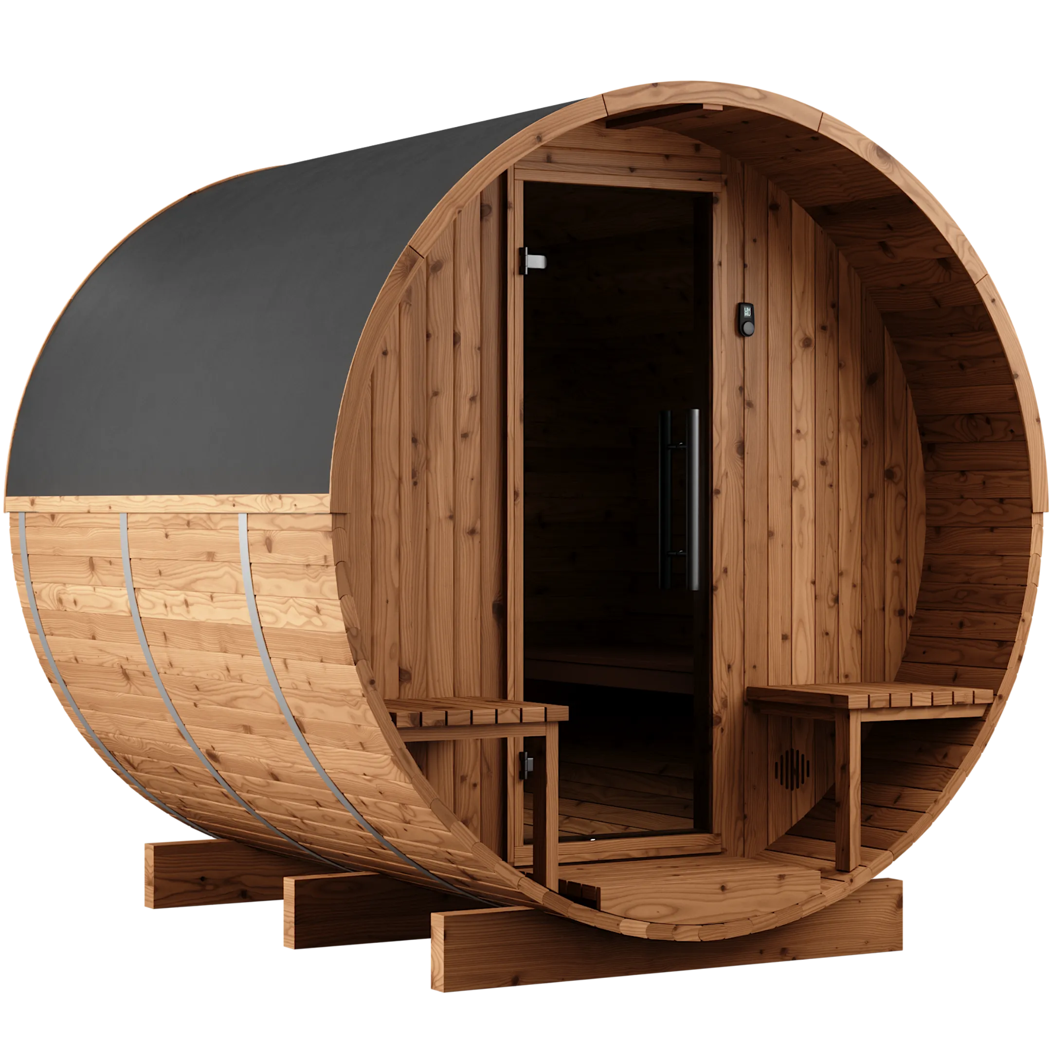 Natural barrel sauna front angle